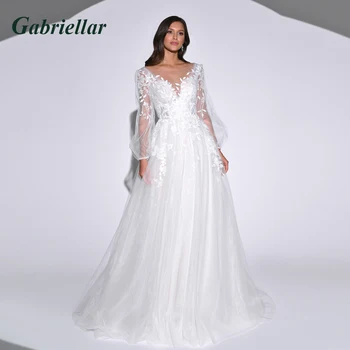 Gabriellar Klasik Illusion Aplikler düğün elbisesi Şeffaf Scoop Mahkemesi Tren gelinlik Vestido De Casamento Custom Made