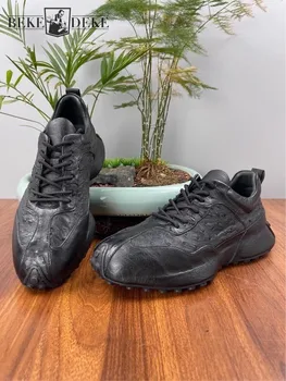 Gerçek Devekuşu Derisi rahat ayakkabılar Erkekler Lace Up Kalın Platform Sneakers Sonbahar Yüksekliği Artan Hakiki Deri İş iş ayakkabısı