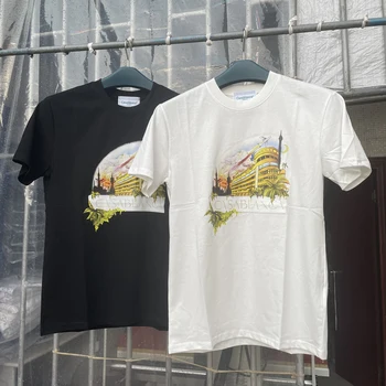 Gerçek Fotoğraflar KAZABLANKA T-Shirt Sarı Bina Baskılı Mektup Logosu Kısa Kollu 3XL Pamuk Casa T Shirt Erkekler Kadınlar için