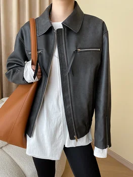 Gevşek Fit Siyah Fermuar Büyük Boy Vintage Ceket Yeni Yaka Uzun Kollu Kadın Coat Moda Gelgit Bahar Sonbahar O604