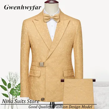 Gwenhwyfar Popüler Erkek Takım Elbise Çiçek Jakarlı 2 Adet Setleri Tepe Yaka Blazer Metal Toka ile rahat pantolon erkek Parti Smokin