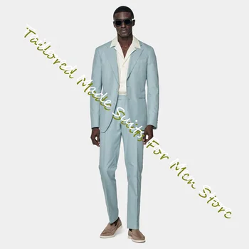 Gökyüzü Mavi Damat Komple Blazers Setleri 2 Adet Erkek Takım Elbise Düğün İçin Tek Göğüslü Erkek Ceketler Yaz Rahat Kıyafetler Özel Yeni