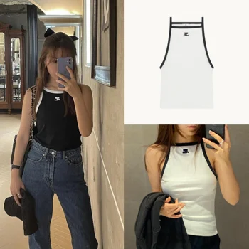 Güney kore Blogger'ın Aynı Jennie Cou Temel Kontrast Renk Tabanı Slim fit Cami Gyaru Moda Sling