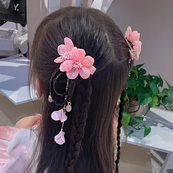 Hanfu Headdress Kırmızı Kız saç aksesuarları Çiçek Çocuk saç aksesuarları Bebek Peruk Saç Tokası Yeni Yıl Headdress Yay saç tokası