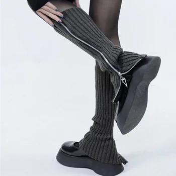 Harajuku Fermuar bacak ısıtıcısı Japon JK Lolita Kız Punk Düz Renk Bacak Kollu Gotik Kadın Buzağı uzunlukta Çorap Kış bacak ısıtıcısı