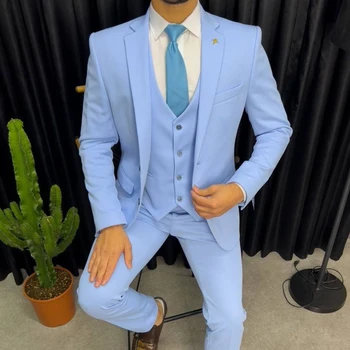 High-end Erkek Takım Elbise Moda Çentik Yaka Gök Mavisi Takım Elbise Slim Fit Düz Renk 3 Parça İş Resmi Özel Düğün Rahat Smokin