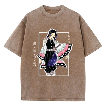 Iblis avcısı Kochou Shinobu Grafik T Shirt Erkek Yıkanmış pamuklu giysiler Moda Hip Hop Gömlek Yaz Streetwear Erkek T-Shirt