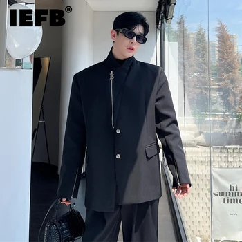 IEFB Kore Tarzı Lüks Blazers Erkekler Niş Tasarım Düzensiz Fermuar Hırka Omuz Pedi Trend Takım Elbise Ceket Düz Renk Üst 9C1785