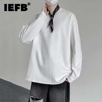 IEFB Yuvarlak Boyun uzun kollu tişört Trend erkek Gevşek Saf Pamuk Dip Gömlek Ücretsiz Eşarp Düz Renk Çok Yönlü Gelgit Üstleri 9C1219