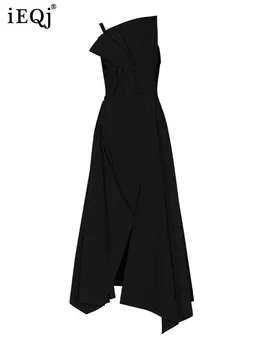 IEQJ Düzensiz Bölünmüş Eklenmiş Tasarım Siyah Sling Elbiseler Kadınlar İçin Yüksek Bel Açık Lüks Parti Elbise 2023 Yeni Giyim 3WQ7162