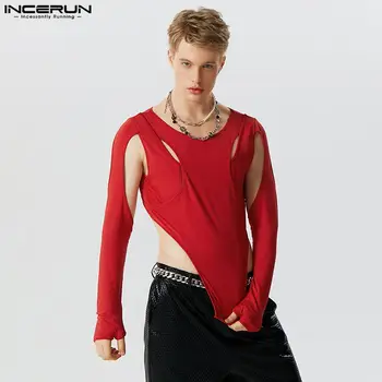 INCERUN Moda Erkekler düzensiz T Shirt Katı Hollow Out O-boyun Uzun Kollu Unisex Tee Üstleri Streetwear 2023 Parti Camisetas S-5XL