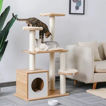 INS Sıcak Satış Çok seviyeli Ahşap Kedi Ağaç Ev Kulesi Kedi Scratcher Ağacı