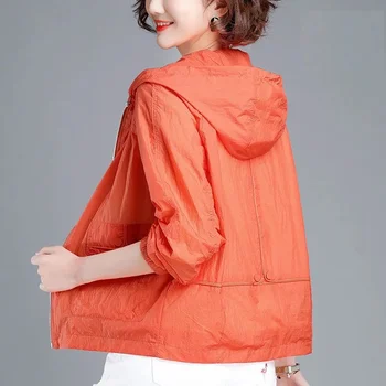 İnce Kısa kapüşonlu ceket Anne Yaz Güneş Koruyucu Giyim Kadın 2023 Yeni Kore 5XL Gevşek Cep Ceket Astar Ceket turuncu
