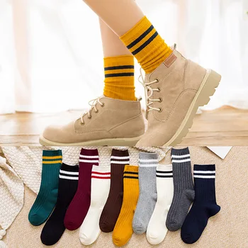 Japon Gevşek Lise Kızlar Harajuku Sevimli Uyluk Yüksek Çorap Katı Renkler Örgü Çizgili Pamuk Kawaii Lolita Kadın Çorap