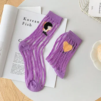 Japon İlkbahar Yaz AB İnce Çorap Sevimli Çizgi Film Karakteri Nakış Cam Elyaf Asimetrik Şeffaf Orta Tüp Gelgit Çorap