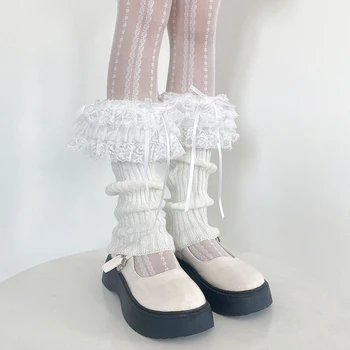 Japon Tarzı Lolita Vintage Uzun Slouch Çorap 2000s Retro Y2K Kawaii Dantel Trim Örme Bacak ısıtıcıları Kış Sıcak bot paçaları