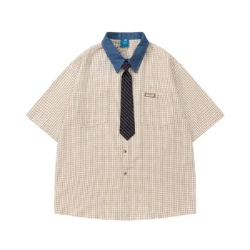 Japon Vintage Kravat Dekore Ekose Gömlek Kısa Kollu Erkek ve Kadın Moda Marka Gevşek Çift Gömlek İnce Ceket