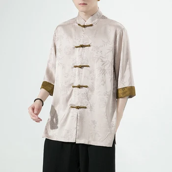 JustSaıyan İlkbahar Yaz erkek Çin Gömlek Saten İpek Vintage Ceket 2023 Hanfu Üstleri Etnik Tarzı Giyim Tang Yaka Gömlek