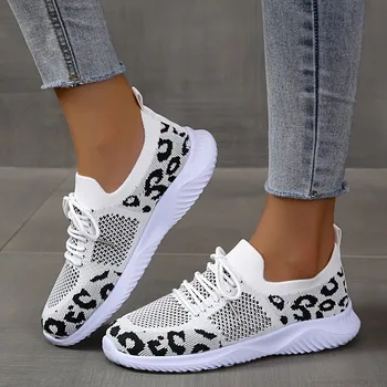 Kadın Ayakkabı 2023 Nefes Lace Up Sneakers Örgü Platformu Beyaz Leopar Baskı Sığ Rahat
