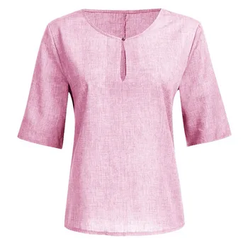 Kadın Düz Renk Pamuk Keten Büyük Boy Orta Kollu V Yaka Gömlek Üst Kadın Moda Kadın Bluz 2023 T Shirt kadın Y2k