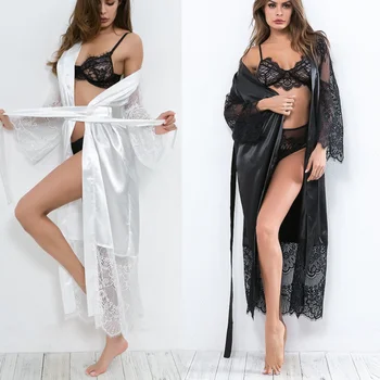 Kadın Ev Elbise Dantel Patchwork Uzun Bornoz Pijama Kadın Gecelik İpek Artı Boyutu Elbise Bornoz Bayanlar Seksi İç Çamaşırı
