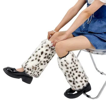 Kadın Faux Kürk bacak ısıtıcıları Güz Tayt Çizmeler Çorap Kız Lolita Punk Leopar bot kılıfı Harajuku Kürk Ayak ısınma kapağı
