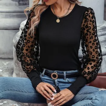 Kadın Giyim T-Shirt Kazak Tops Moda Kadın Bluzlar Gömlek 2023 Leopar Desen Colorblock Fener Kollu Üst