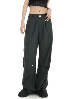 Kadın Gri Vintage Pantolon Y2k Retro 90s Moda 2000s Yüksek Bel Baggy Pantolon Harajuku Streetwear Geniş Bacak Pantolon Elbise 2023