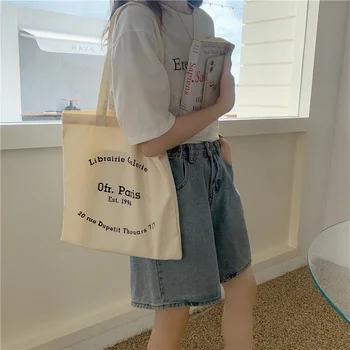 Kadın Kanvas omuzdan askili çanta Paris Mektuplar Baskı alışveriş çantası Eko Pamuk Keten Alışveriş Çantaları Bez Kumaş Çanta Tote Kızlar İçin