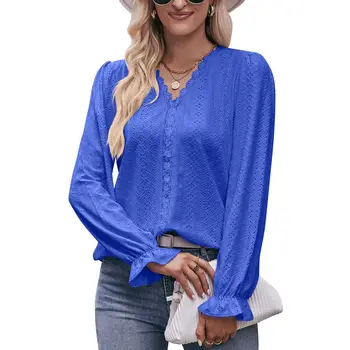 Kadın moda T-Shirt Sutumn kış uzun kollu dantel gömlek kadın rahat düz renk V yaka bayanlar Tops