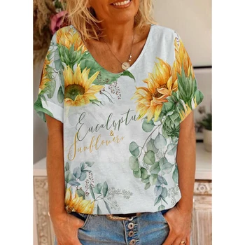 Kadın retro ayçiçeği desen kısa kollu üst 3D baskılı V Yaka T-shirt Yaz rahat kısa kollu ev kadın T-shirt