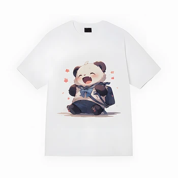 Kadın saf pamuk hayvan temalı panda taşıma sırt çantası okul illüstrasyon gevşek çok yönlü çiftin T-shirt