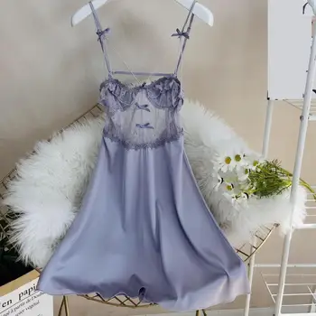 Kadın Saten Gecelik Seksi Dantel Sleepshirt Ev Elbise Sabahlık Salonu Rahat Iç Çamaşırı Chemise Kıyafeti Gecelik