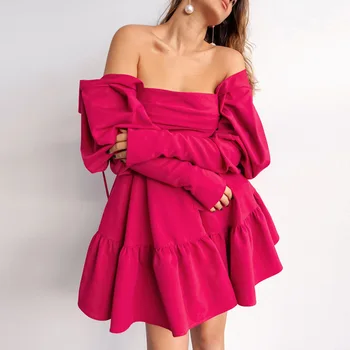 Kadın Sonbahar Kare Yaka Vintage Gül Kırmızı Mini Elbise 2023 Yeni Uzun Kollu A-line Fırfır Pilili Tatlı doğum günü partisi elbisesi