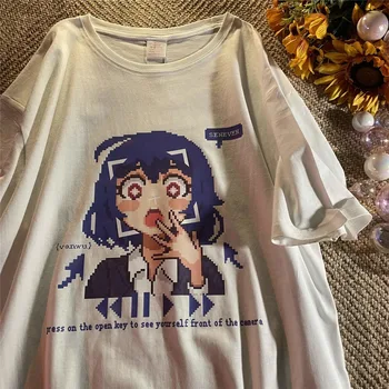 Kadın T-shirt Mozaik Anime T Shirt Harajuku Büyük Boy T-shirt Kadın Rahat Gevşek kısa Kollu grafikli tişört Üst Y2k