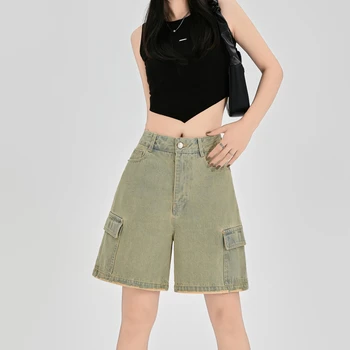 Kadın Vintage Amerikan Tarzı Büyük Cep Kot Şort Yeni Yaz Unisex Tarzı Rahat Diz Boyu Pantolon Kadın Yarım Kot