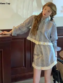 Kadın Yaz Moda Etek Seti Kore Şerit Dantel Tek Göğüslü Uzun Kollu Gömlek Yüksek Bel Kısa Etek Kıyafetler 2 Parça Takım Elbise