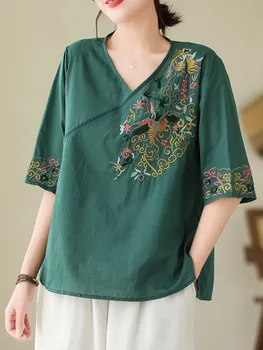 Kadın Yaz Rahat T-shirt Yeni Varış 2023 Vintage V Yaka Çiçek Nakış Gevşek Kadın Kısa Kollu Tees Tops B2850