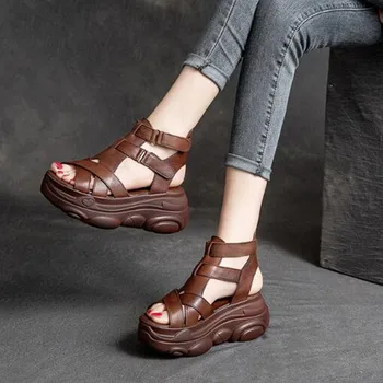Kadın Yaz Sandalet Orta Topuklu Takozlar Ayakkabı Bayanlar Vintage PU Deri Artı Boyutu Sandalias Mujer Sapato Feminino 2023