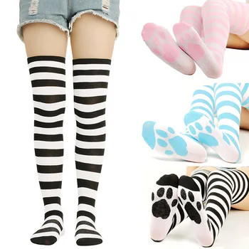 Kadınlar için Tatlı Sevimli Diz Üzerinde Uzun çizgili çoraplar Kız Kedi Pençe Pençe Uyluk Yüksek Çorap Gotik Punk Cadılar Bayramı noel hediyesi