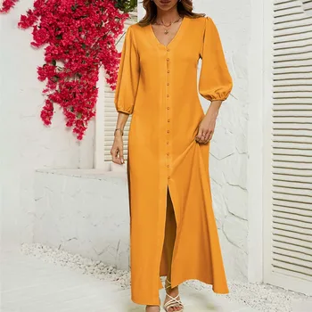 Kadınlar İçin elbiseler 2023 V Boyun Beş Çeyrek Kollu Düğmeli Maxi Elbise Katı Yarık Gevşek Uzunluk Bayanlar Elbiseler Kadın Giyim