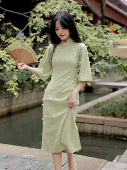 Kadınlar Yeşil Şönil Cheongsam Yarım Kollu Geleneksel Vintage Elbise Düğün Kostümleri Ince Rahat Yüksek moda Qipao S XXL