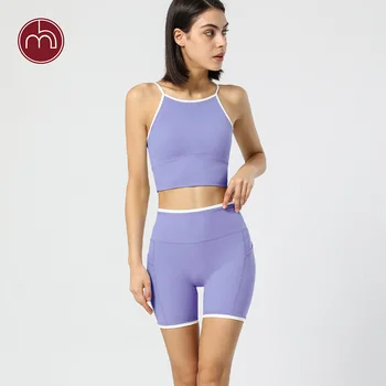 Kadınlar Yoga 2 Parça Set Kontrast Renk Yastıklı Tank Top Açık Bisiklet Elastik Bel Koşu spor Salonu Şort spor elbise