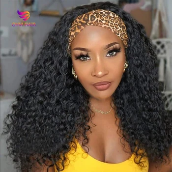 Kafa bandı peruk insan saçı Tutkalsız Kinky Kıvırcık Kafa Bandı Tam Peruk Remy İnsan Saçı Peruk Siyah Kadınlar İçin 180 % Yoğunluk