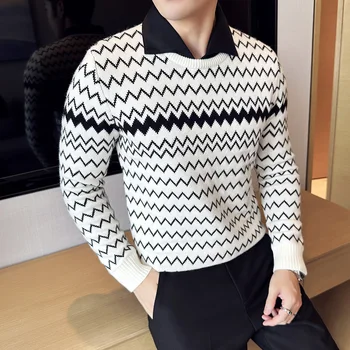 Kaliteli Jakarlı Örgü Gömlek Yaka Kazak Erkek Giyim Kış Fake - 2Pieces Kalın Sıcak Çekme Homme Triko Siyah / Beyaz / Gri