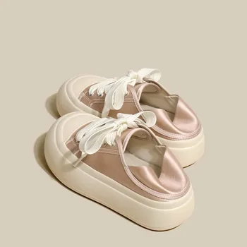 Kalın Çirkin Sevimli Büyük Kafa Ekmek Ayakkabı Kadınlar için 2023 Yaz Yeni İki Aşınma Yuvarlak Kafa İpek Rahat Kanvas düz ayakkabı