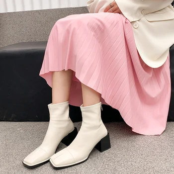 Kare Ayak Kadın yarım çizmeler Siyah Beyaz Kahverengi Geri Fermuar Streç Çorap Patik Kare Ayak Moda Parti Kışlık botlar Kadın 39