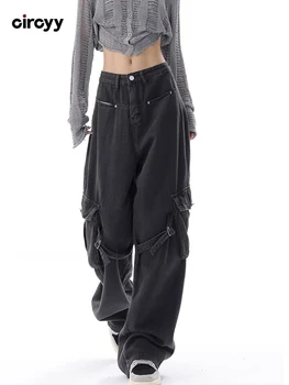 Kargo Pantolon Kadın Yüksek Belli Kot 2023 Sonbahar Cepler Tam Boy Geniş Bacak Kot Vintage Streetwear Tasarımcı Gevşek Pantolon