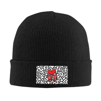Komik Iki Kırmızı Insanlar Kaput Şapka Hip Hop Örgü Şapka Erkekler Kadınlar Için Sıcak Kış Haring Geometrik Graffiti Skullies Beanies Caps