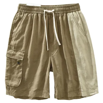 Kontrast çizgili keten pantolon yaz hafif Beachwear şort erkek düz tüp gevşek keten yaz rahat pantolon
